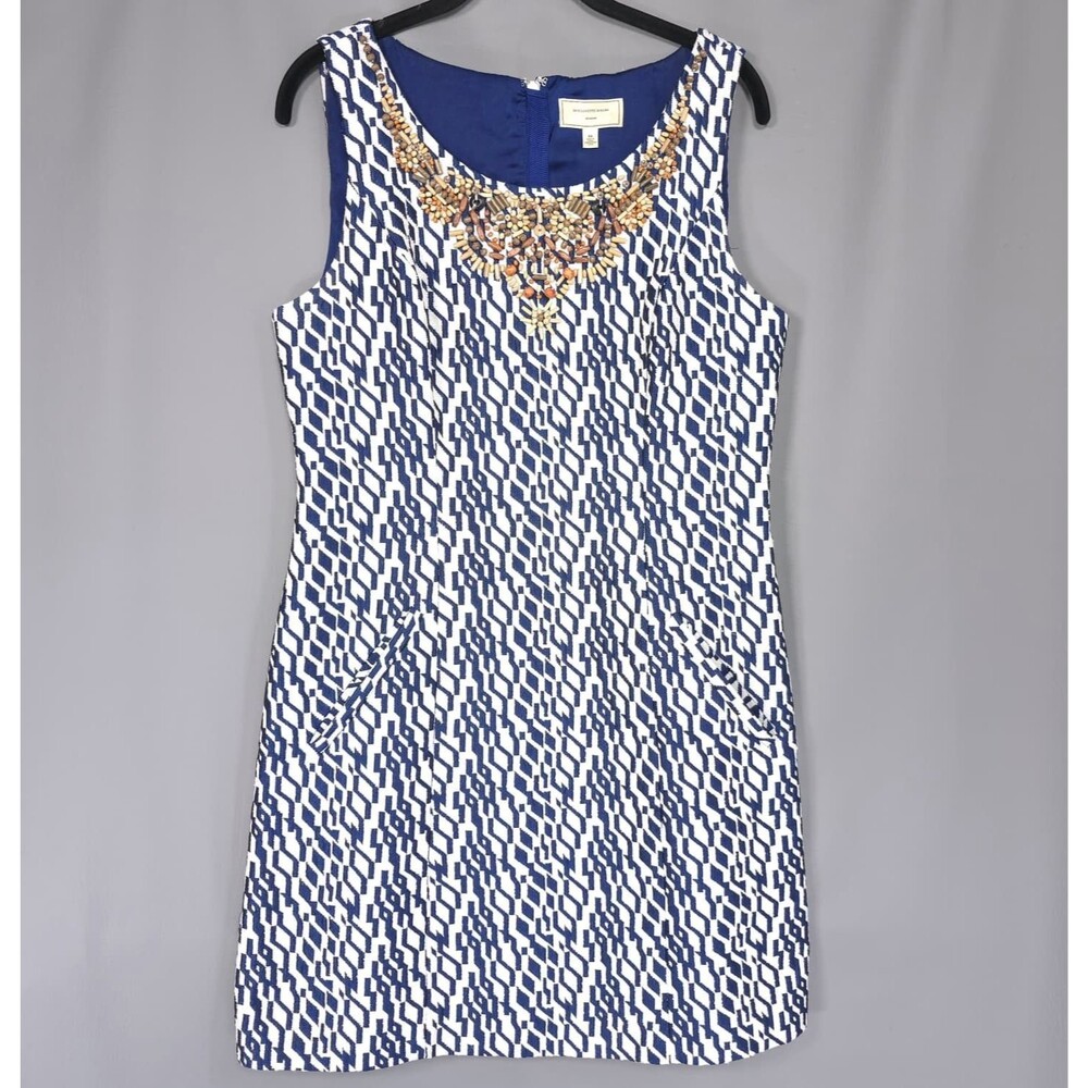 ANTHROPOLOGIE MOULINETTE SOEURS Womens Shift Dress 10 Geometric Blue Navy Beaded